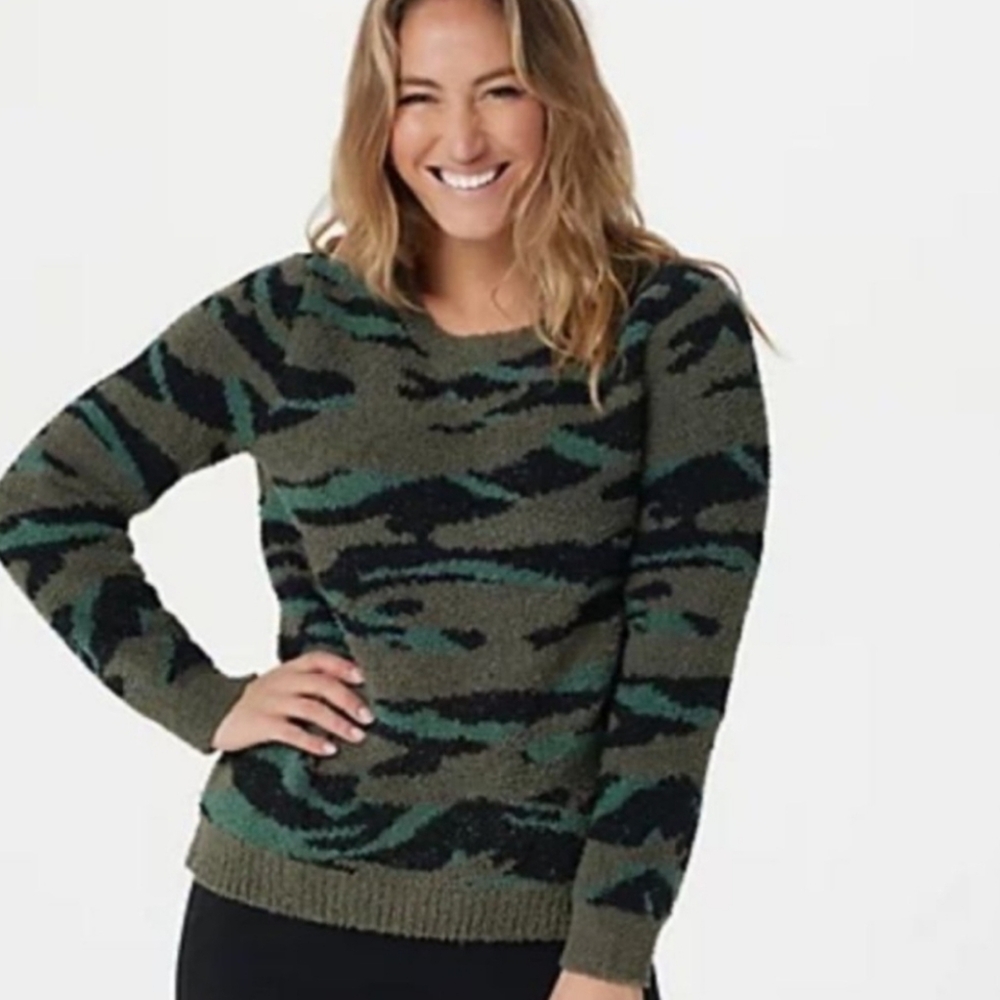 BAREFOOT DREAMS CozyChic Seaside Green Black Camo Print Pull‎ Over Sweater 3X